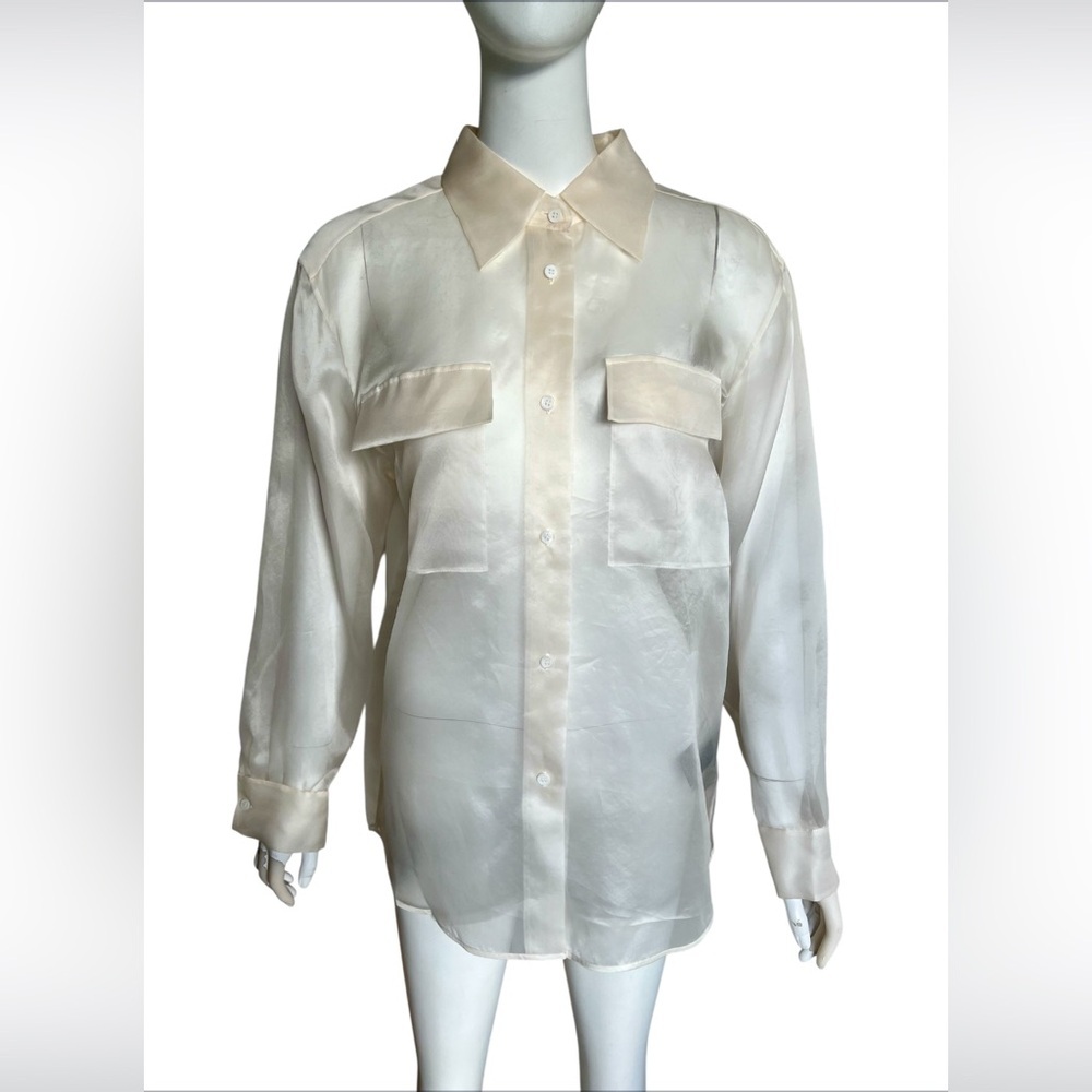 Mo&Co Women’s 100% Mulberry Silk Ivory Sheer Blouse Shirt L Quiet Luxury Preppy